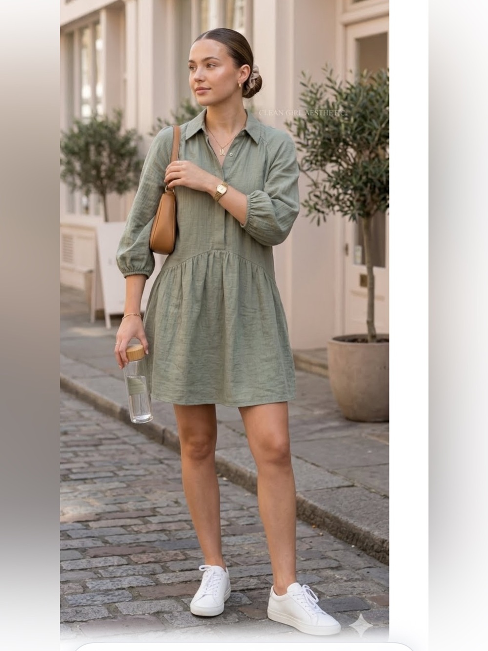 Club Monaco Sage Green  M Linen Puff Sleeve Babydoll Mini Shirtdress Clean Girl
